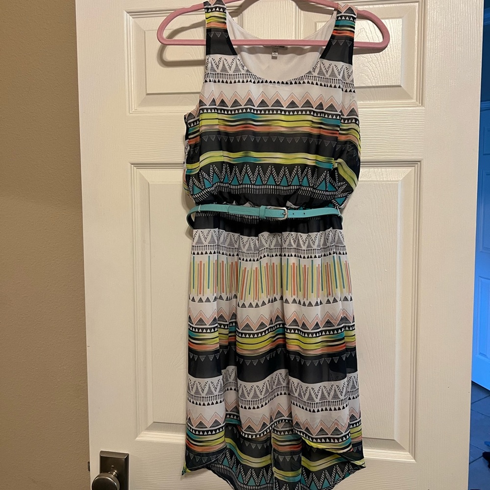 Tribal Pattern Belted Dress Multi Colored